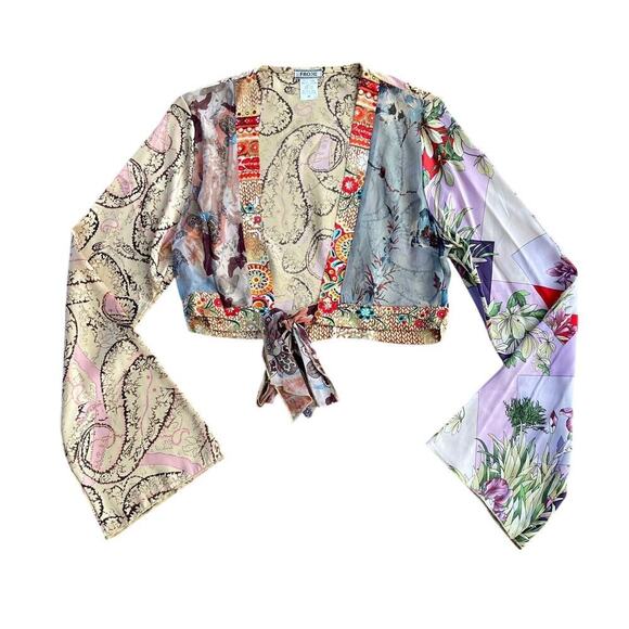 Froxx Overlay Silk Top Size M Bell Sleeve Floral Tie Front Multi Fabric Classy - Picture 1 of 7